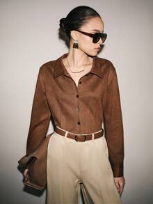 Lumivelle Vintage Commuter Slim Fit Versatile Collared Long Sleeve Shirt - Coffee Brown - View 2