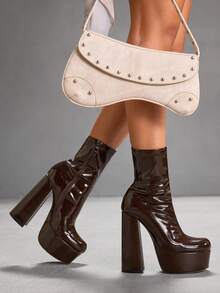 CUCCOO SZL Giày bốt cổ ngắn màu cà phê, mũi vuông, gót dày, chống thấm nước, đế platform, co giãn, thời trang tối giản dành cho nữ, thích hợp cho tiệc tùng, liên hoan và các buổi họp mặt dịp Giáng sinh. - Cà phê nâu - Xem 7