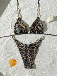 Swim SXY 2件套女士性感豹纹随机图案挂脖系带比基尼套装，夏季 - 彩色 - 查看 3