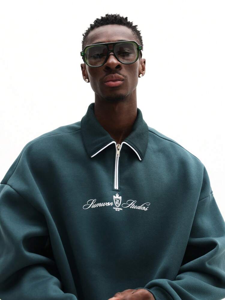 Boxy Quarter Zip Collared Sweatshirt With Logo