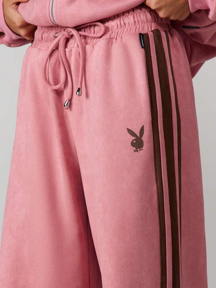 Missguided x Playboy Wide Leg Suede Joggers With Bunny Logo And Side Stripes For Loungewear Comfort