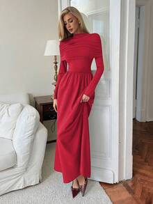 Elenzga 优雅浪漫修身A字露肩高领长袖连衣裙（女款） - 紅色 - 查看 4