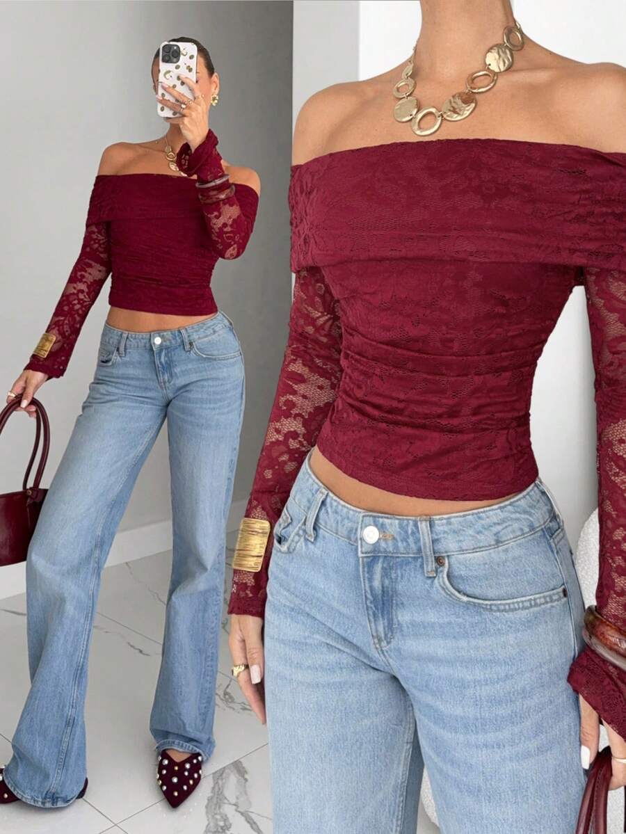 Siren Gaze Women's Christmas Chic Red Off Shoulder Long Sleeve Lace Ruched Fitted Fashion T-Shirt, Sexy Party Top Winter New Year Burgundy Red Top,Christmas Spring Valentine's Day Casual - Burgundy - View 1