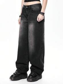 ROMWE Grunge Punk Distressed Spiderweb Embroidered Oversized Flare Women Jeans - Black - View 4