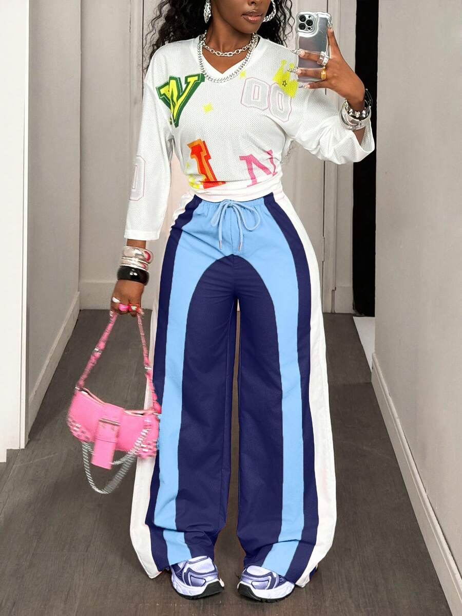 BamGleam 休闲宽松拼色拼接阔腿裤 - 彩色 - 查看 1