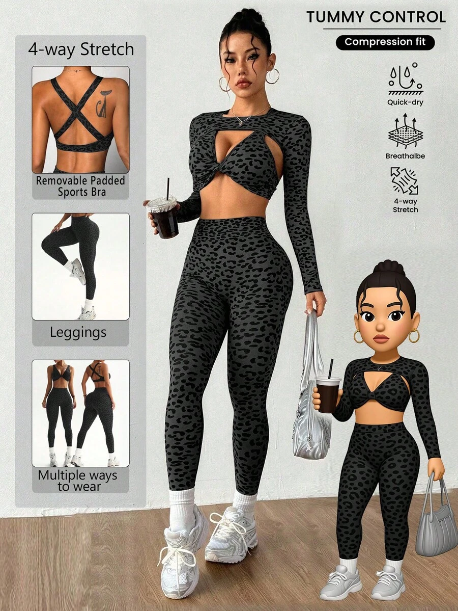 Dewbera Bộ đồ thể thao nữ tay dài hở lưng họa tiết da báo và quần bó - màu đen - Xem 1
