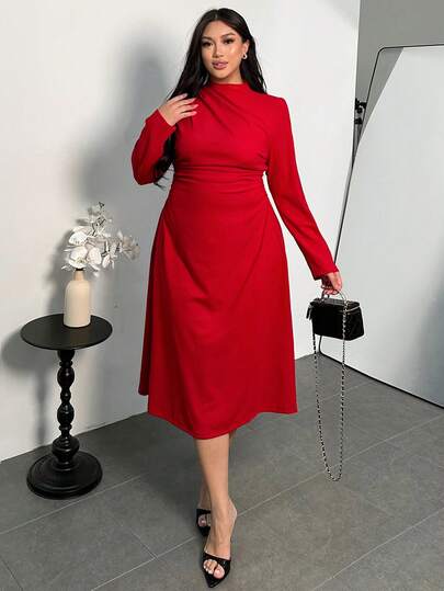 Firerie Plus Size Elegant Minimalist Sophisticated Romantic Sweet Daily Commute Wedding Party Music Festival Holiday Ruffle A-Line Flowy Long Sleeve Stretchy Dress For Women, Autumn/Winter Red Red