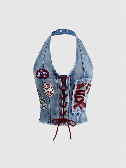 ROMWE Avant Top corto de mezclilla sexy con estampado gráfico, logo bordado, cuello de ballet y cordón ajustable en la cintura baja, estilo deportivo retro Y2K para mujer