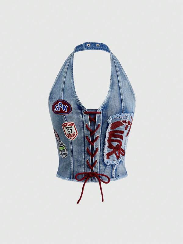 ROMWE Avant Women's Y2K Retro Jersey Sports Ballet Style Graphic Logo Embroidered Drawstring Low Waist Sexy Cropped Denim Top