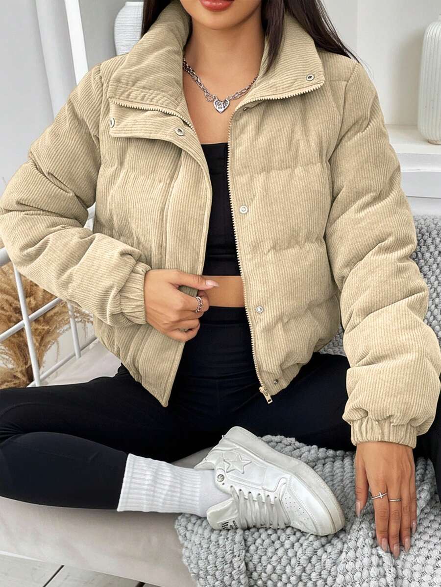 SHEIN EZwear 大码女式拉链纽扣灯芯绒棉服夹克(秋冬) - 卡其色 - 查看 1