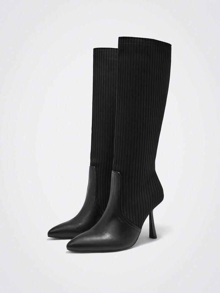 Fashionable Pointed Toe High Heel Lacquered Heel Casual Versatile Slip-On Black Knee-High Boots For Women
