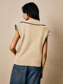 Poéselle 女士休闲花卉饰边 Polo 领针织背心，秋冬季 - 杏色 - 查看 6