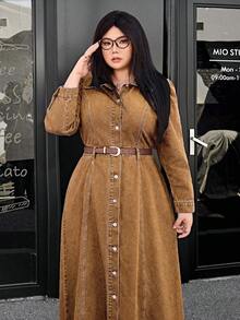 SHEIN ICON Váy denim cài nút phía trước thường ngày cỡ lớn - Màu Khaki - Xem 4