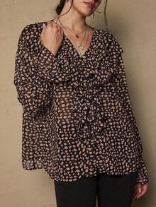 Freevana Plus Size Elegant Vintage Polka Dot Black Ruffle Collar Long Sleeve Blouse - Black - View 7