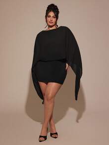 SHEIN BAE Plus Size Women's Black V-Neck Fitted Elegant Mini Dress,Autumn Formal Evening Night Out Club,Christmas Party Wedding Birthday Birthday Curve Dresses - Black - View 6