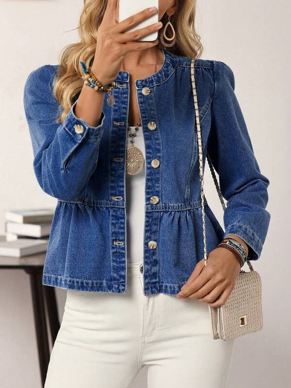 EMERY ROSE 女式长袖单排扣荷叶边下摆牛仔夹克