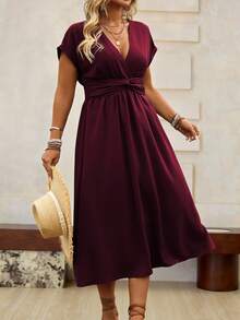 Roveilla Plus Size Women French Style Commute Casual Vacation Solid Color Crossover Shirred Tie Waist Back Adjustable Rolled Sleeve Midi Dress, Spring/Summer - Maroon - View 5