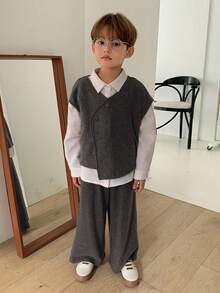 DAZY 2 件套幼儿男童简约无袖上衣和直筒裤休闲装，宽松版型，秋季 - 黑色 - 查看 3