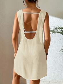 SHEIN Swim 女士休闲纯色侧开衩罩衫，夏季 - 杏色 - 查看 5