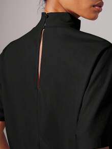 COSMINA Women's Casual Solid Color Stand Collar Short Sleeve Dress - Black - View 2