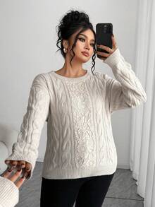 Elenzga Women's Casual Lace Long Sleeve Loose Fit Plus Size Sweater, Suitable For Outings And Wedding Guests, Autumn/Winter - Apricot - View 5