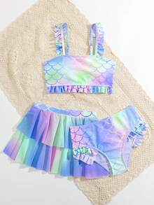 Tween Girls' Summer Beach Mermaid Scale Print 3 PiecesBikini Set Two Piece Tween Vacay Tween Swimsuits Sea Shells Girls Swim Skirt Set Tween Two Piece Summer Tween Swimsuits Sea Shells With Skirt Summer Two Piece Set Tween