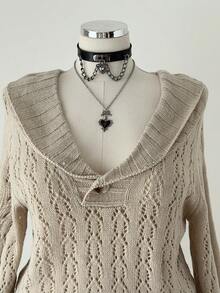 大码休闲纯色镂空针织毛衣 - 杏色 - 查看 1