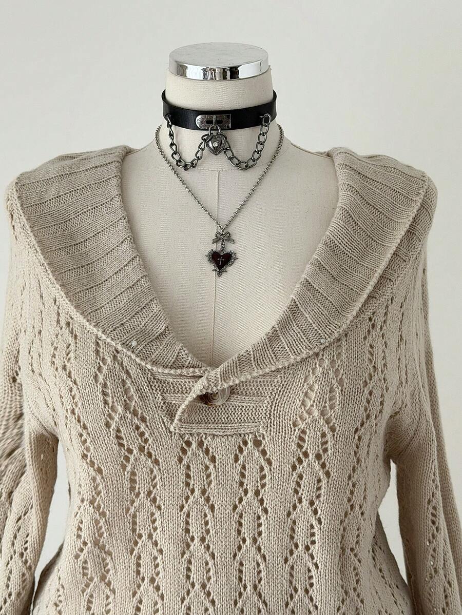 大码休闲纯色镂空针织毛衣 - 杏色 - 查看 1