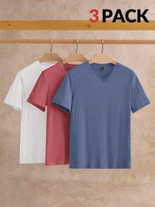 HIMLAND 3 件装男士休闲纯色短袖针织 T 恤，适合日常穿着 - 彩色 - 查看 1