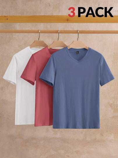 HIMLAND 3 件装男士休闲纯色短袖针织 T 恤，适合日常穿着