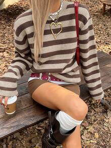 DAZY Suéter feminino casual de gola redonda com listras coloridas, ideal para outono/inverno. - Castanho - Ver 6