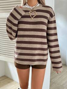 DAZY Suéter feminino casual de gola redonda com listras coloridas, ideal para outono/inverno. - Castanho - Ver 3