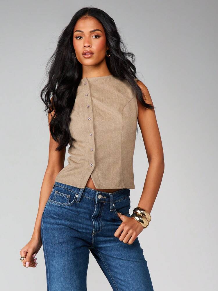 MISSGUIDED Sleeveless Button Front Cardigan Vest Tank Top With Ribbed Knit Texture For Casual Layering