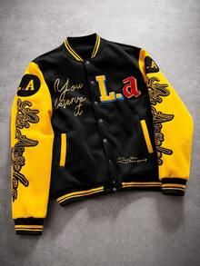 PAVTROS Manfinity Streetrush Men's Patchwork Fleece-Lined Baseball Jacket, Black And Yellow Jacket, Men Varsity Jacket, College Jacket, Men Letterman Jacket , Fall Winter, Grunge