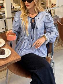 SHEIN Frenchy Fall Winter 2025 Women's Casual Striped Print Detail Front Tie Collar Blouse, Autumn, Striped Blouse, Contrast Trim Tie Shirt,Pleated Shirt,Ruffle Blouse, Blue Striped Shirt,Floral Print Pattern Blouse - Blue and White - View 8