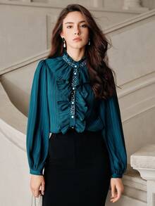 Anewsta Savoree Women's Elegant Beaded & Rhinestone Embellished Long Sleeve Blouse With Ruffled Hem, Emerald Green - Blue - View 4