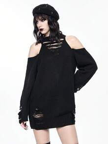 ROMWE Gothic Dark Style Open Shoulder Halter Neck Ripped Midi Dress, Edgy Distressed Design - Black - View 1