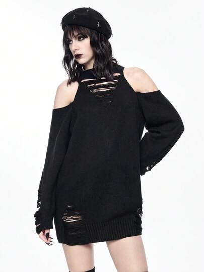 Robe mi-longue gothique style sombre, épaules dénudées, col montant, déchirée. Design décontracté et déchiré