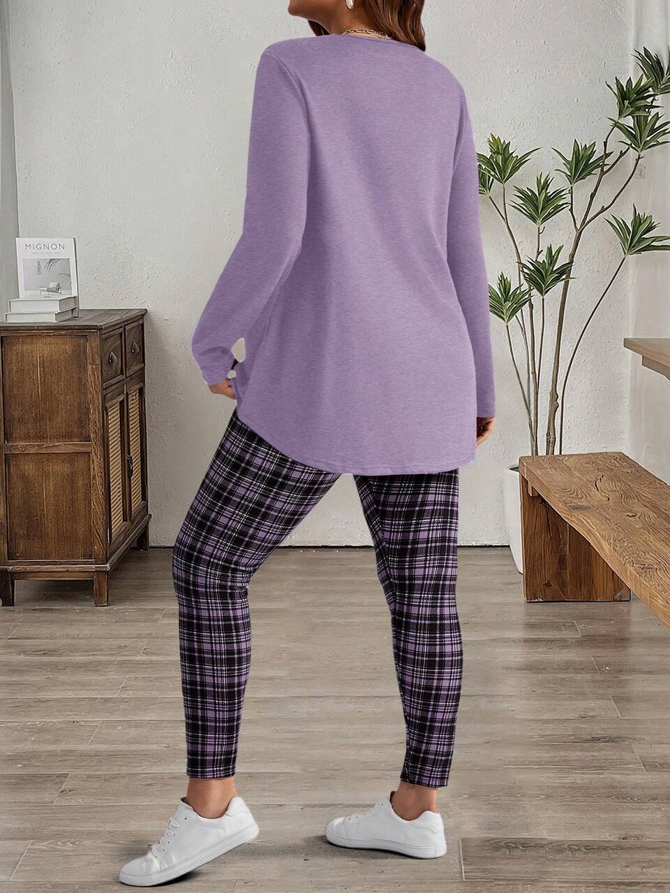 Plus Size Women's Purple 2 Pieces Lounge Sets,Long Sleeve Hi-Low Hem T-Shirt & Plaid Leggings,Autumn Smart Casual Everyday Modest Winter Outfit,2025