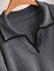 CosyJoli Plus Size Casual Color Block Trim V-Neck Pullover Sweater/Winter - Grey - View 4