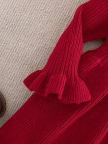 SHEIN Babygirl Cute Solid Color Knitted Long Sleeve Dress, Autumn/Winter - Red - View 4