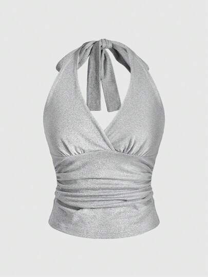 Grunge Punk Top de tirantes con cuello halter, estilo Y2K, de unicolor, con pliegues y cruzado, de corte ceñido y casual, para mujer