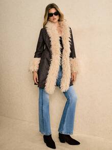 Poéselle 女士时尚毛绒拼接外套，秋冬季，人类学家风格，70年代女装，长款外套 - 咖啡棕 - 查看 6