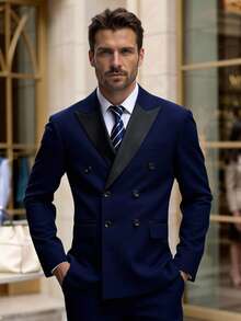 Manfinity Bizformal 男士正装商务撞色尖领双排扣西装外套和裤子套装，适合婚礼 - 藏蓝色 - 查看 3