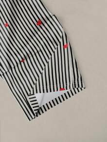 SHEIN 加大码心形刺绣高品质两件套竖条纹修身阔腿裤 - 黑與白 - 查看 4
