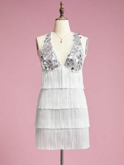 ROMWE Avant Women's Y2K Sexy Party Sequin Patchwork Halter Multilayer Tassel Hem Silver Mini Dress