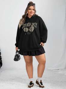 SHEIN CURVE+ 休闲简约豹纹和樱桃印花连帽宽松厚款女士运动衫，秋冬女装，冬季，CURVE PLUS - 黑色 - 查看 7