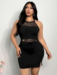 SHEIN Privé Plus Size Black Classy Night Out Club Sommar Women's Elegant Rhinestone Halter Neck Semi-Sheer Single Side Slit Bodycon Patchwork Fairy Party Dress - Black - View 4
