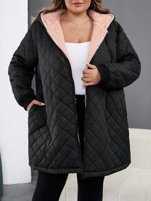 SHEIN CURVE+ Áo khoác dài tay có mũ trùm đầu màu đen và hồng tương phản hàng ngày dành cho nữ cỡ lớn, lót nhiệt dày, thoải mái, trang phục mùa đông cho nữ, áo khoác ngoài cổ điển - màu đen - Xem 6