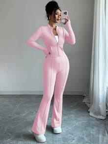 INAWLY 女式紧身拉链短款上衣，中式立领，喇叭裤，两件套 - 淺粉色 - 查看 8